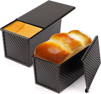 Beasea Pullman Loaf Pan with Lid, 2 Pack 1 Lb Non-Stick Black Bread Loaf Pans fo