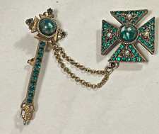 Vintage Green Rhinestone Maltese Cross Scepter Gold tone Double Brooch Cabachon