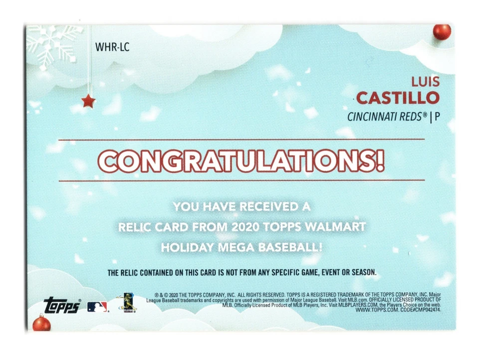 2020 Luis Castillo Topps Holiday JERSEY PATCH Baseball Relic Card WHR-LC REDS - Image 2 of 2
