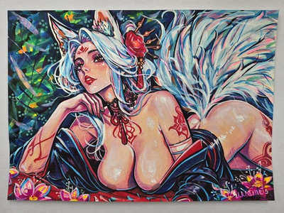 #ad Original Painting A4 Kitsune Muse Anime Fox Spirit Girl Handmade OOAK Oriental $249.00