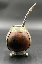 Vintage Yerba Mate Tea Footed Gourd Cup with Silver Trim & Bombilla Straw (C-BM)