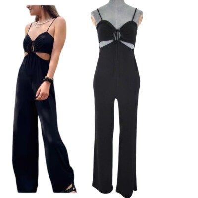 Bershka Jumpsuit Black Cut Out Stretch Ring Detail Long Size XS BNWT  UK