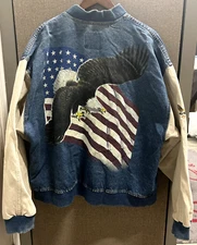 Vintage International Denim Mens Coat Jacket USA Eagle "Keep Em Flying 1943" XL