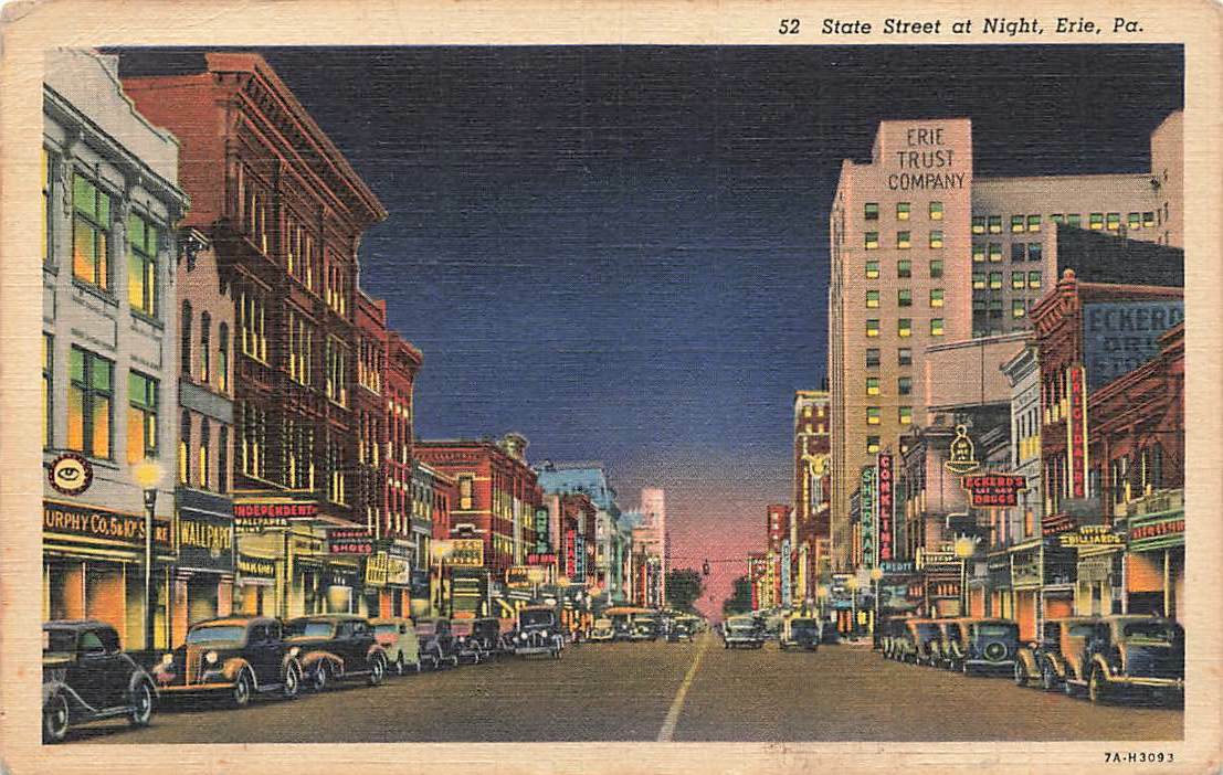 State Street Night Cars Signs Lights Stores Erie PA Linen VTG P121 eBay