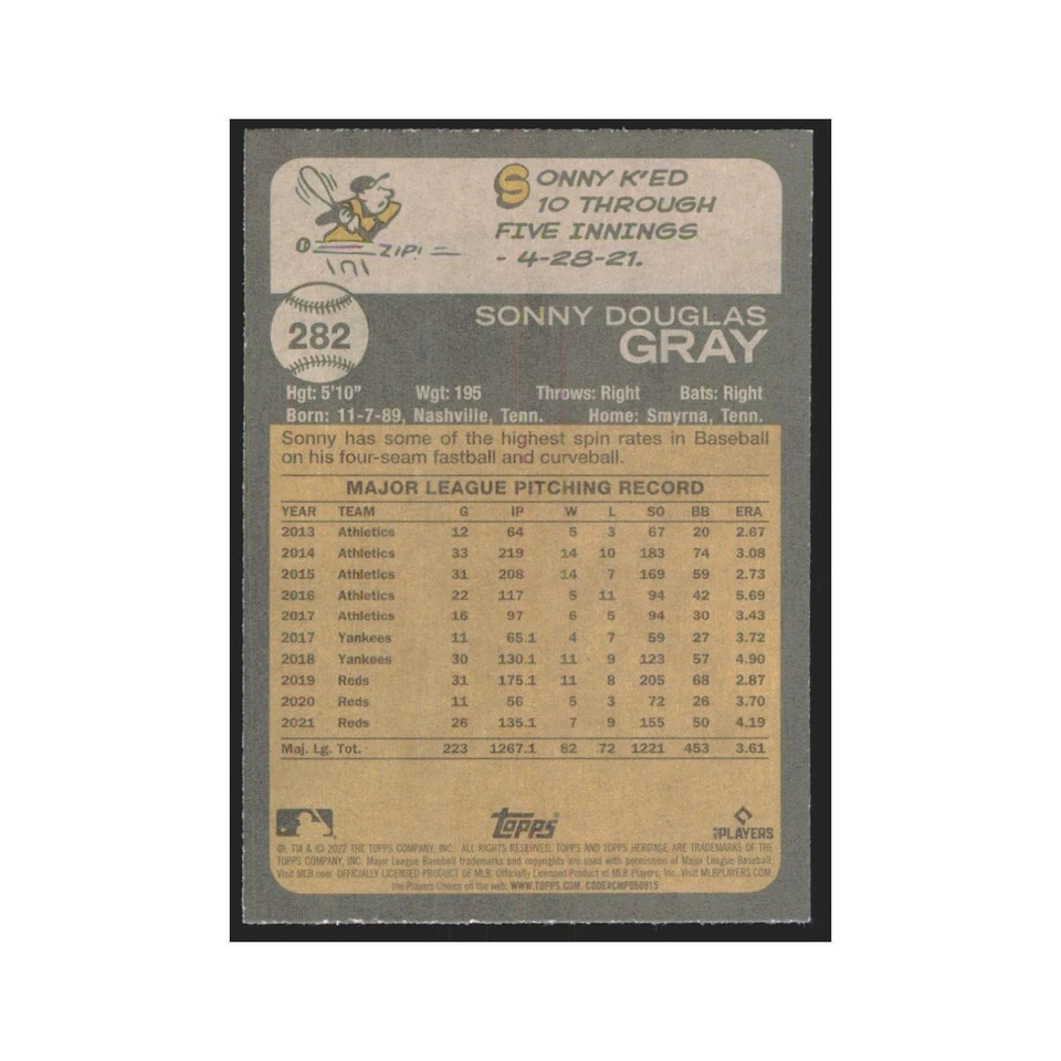 2022 Topps Heritage Sonny Gray Reds #282 - Image 2 of 3