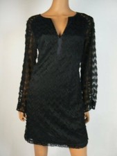 $300 Nanette Lepore Black Eyelash Lace Long Sleeve Shift Dress M 8 10 NEW N326
