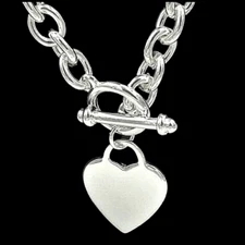 Heart Tag Thick Chain Link Toggle Necklace Sterling Silver