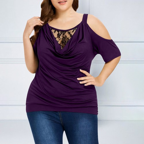 Plus Size Womens Sexy Cold Shoulder T Shirt Tops Ladies Lace Ruffle Party Blouse - Picture 18 of 18