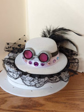Mini hat fascinator white / black gaudy rhinestones and rose lens goggles LGBT 