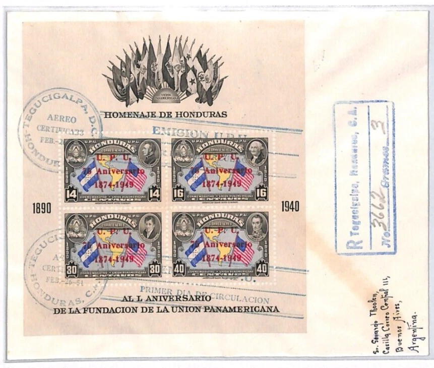 HONDURAS 1951 FDC *UPU* (1949) MINIATURE SHEET First Day Cover {samwells}YV116 - Image 2 of 4