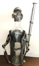Metal Fisherman w/ Fish and Pole Wine Bottle Caddy /Holder Sculpture