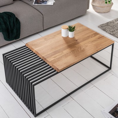 Massivholz Couchtisch ARCHITECTURE 100cm Eiche geölt schwarzes Metallgestell