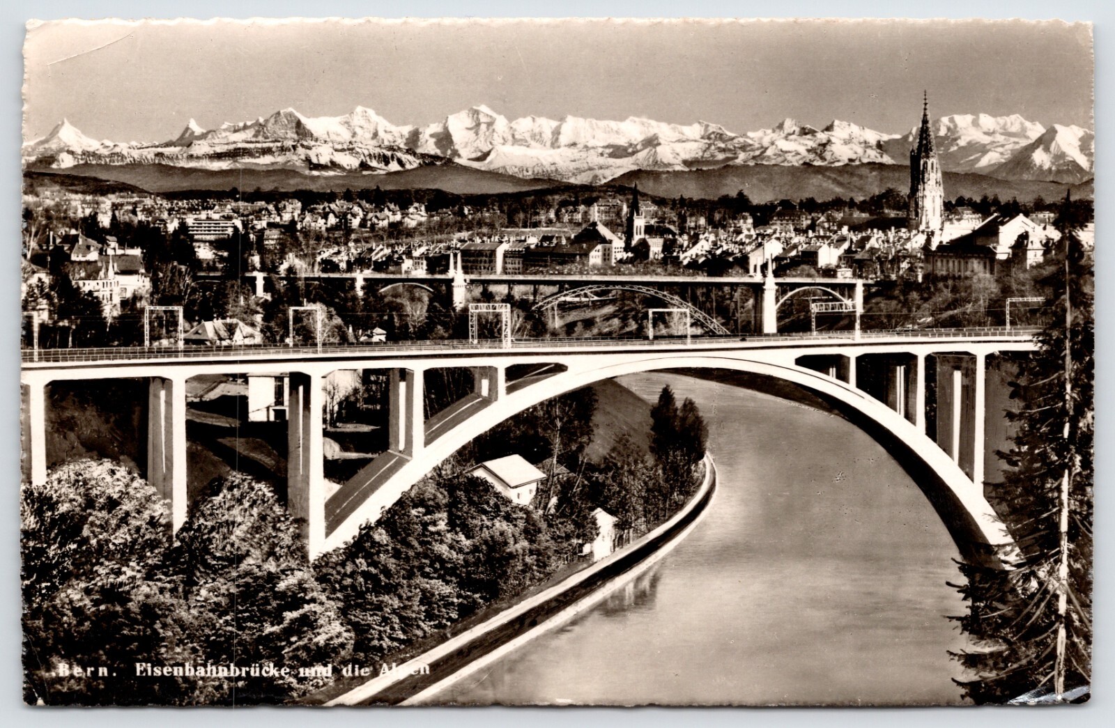 Postcard RPPC, Railway Bridge And The Alps, Bern Switzerland Posted