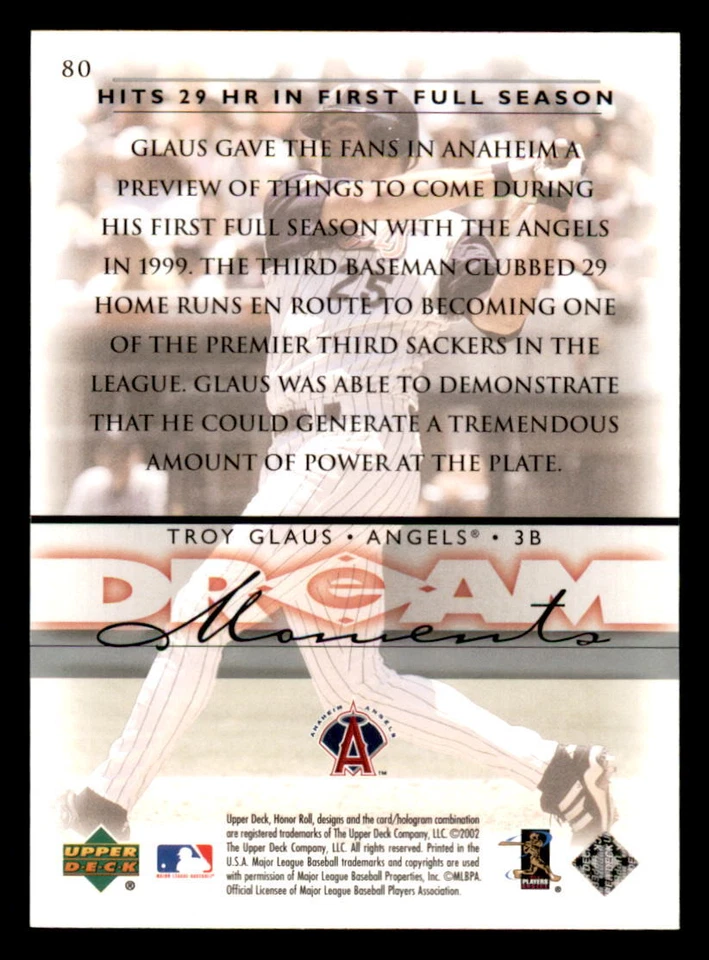 2002 Upper Deck Honor Roll  #80 Troy Glaus Anaheim Angels - Image 2 of 2
