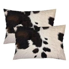Cow Print Pillow Cover Queen Size Set of 2 Black and Brown Cowhide Western Fa...