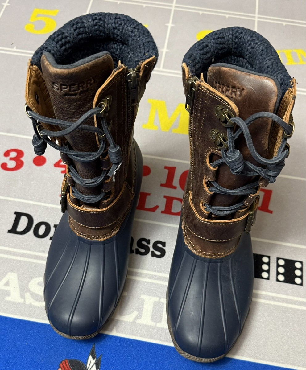 Womens Sperry Saltwater Misty Navy Blue Brown Leather Rain Boots