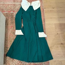 Vintage Women s Green Peter Pan Cotton Dress White Collar No Sz