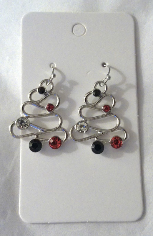 New Silvertone Multicolored Crystals Curvy Christmas Tree Hook Earrings