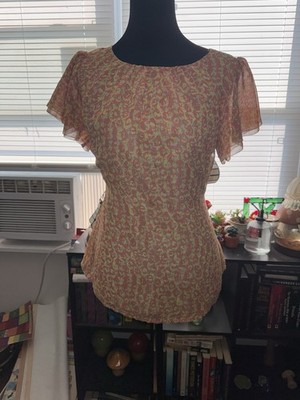 Attention Chiffon Abstract Floral Women's Orange Yellow Flutter Sleeve Blouse S
