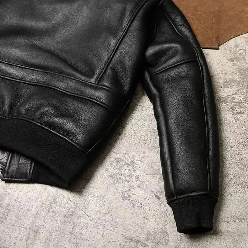 Men’s Bomber Jacket Genuine Leather Genuine Fur Retro Warm Black Coat Style - Image 2 of 4