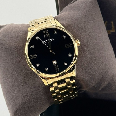 #ad Bulova Classic 97D108 Black Diamond Dial Gold Tone Bracelet Men#x27;s Quartz Watch $168.35