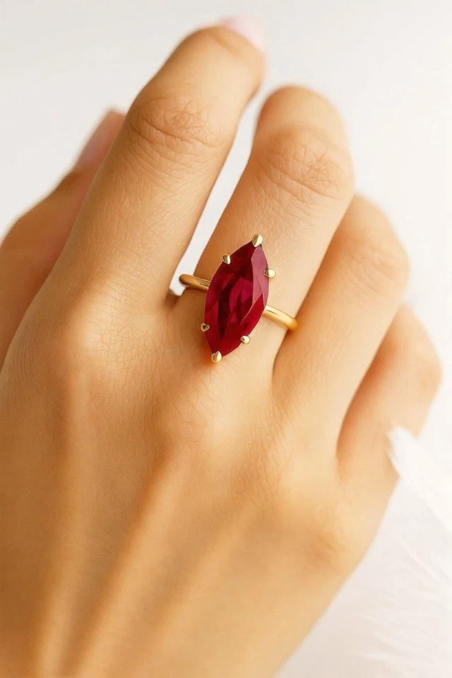 1 CT Labo Synthétique Rubis Fiançailles Bague 14k or Jaune Solitaire Femme Bague - Photo 3/4