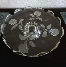Vintage Clear Glass Pedestal Cake Stand Frosted Rose Floral Scalloped Platter