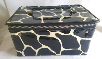 Vintage BLACK & WHITE MOD 60s 70s VINYL Case Vanity ZIPPERED TOTE Lunch Box