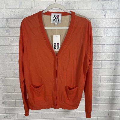XOKR Kerri Rosenthal Lace Back Cardigan Sweater Womens L Orange Quiet Luxury