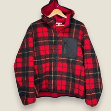 JW Anderson x Uniqlo Fleece Jacket Men Medium Red Black Plaid Full Zip Hooded