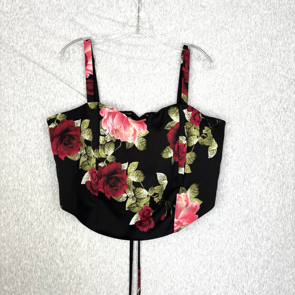 City Chic Womens Plus XS Rose Floral Corset-Style Tank Top Black Goth Regency