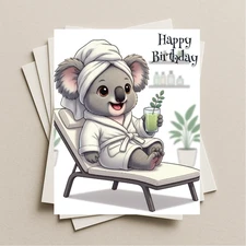 Birthday card spa day koala blank greeting card, note or gift card envelope