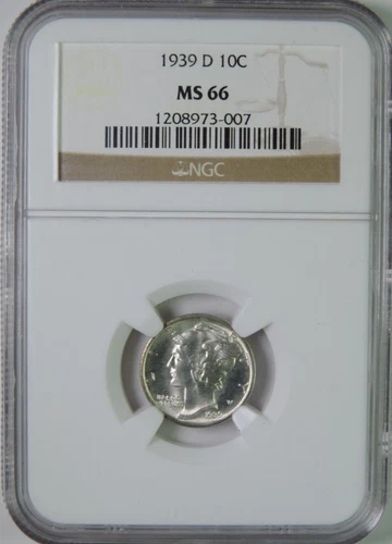 1939 D Mercury Silver Dime NGC Graded MS66 GEM Uncirculated