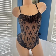 VTG 80s Bodysuit Teddy Romper Black Sheer Floral Lace Mesh Sz Small