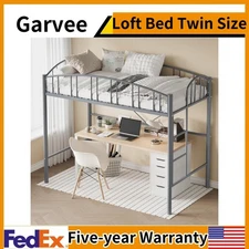 Loft Bed Twin Size with Ladde and Arched Guardrail Sturdy Steel Slats Support US