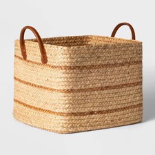 Large Braided Water Hyacinth Basket with Faux Leather Handles - Threshold