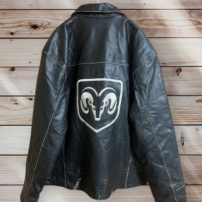 Rare DODGE RAM Embroidered Black Leather Jacket Vintage No.ks1676