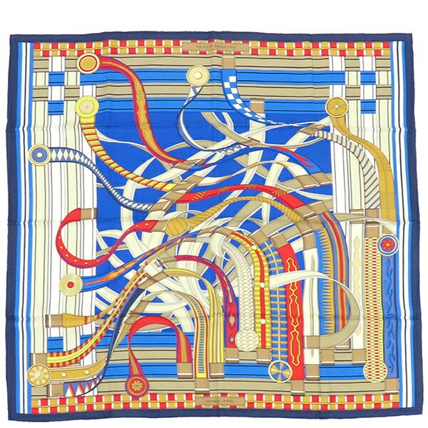 HERMES Carre 90 Silk Scarf in Marine Gold Creme Voltes Design