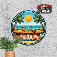 Tropical Beach Bar Sunset Round Metal Sign Vintage Summer Wall Decor 8x8