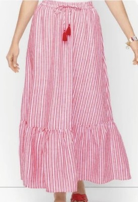 NWT Talbots Women s Size PM Red Striped Linen Blend Lined Maxi Flare Skirt