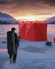 6-8 Person Pop-Up Ice Fishing Shelter Windproof Insulated Hub-Style Shelter +Bag