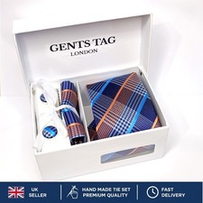 Blue & Orange Checked Tie Set – Premium Formal Accessories  – Ideal Gift for Him