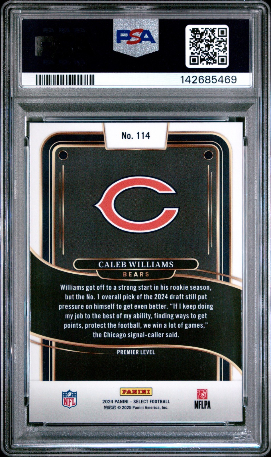 2024 Panini Select Premier Level Caleb Williams Rookie Card #114 PSA 10 view 2