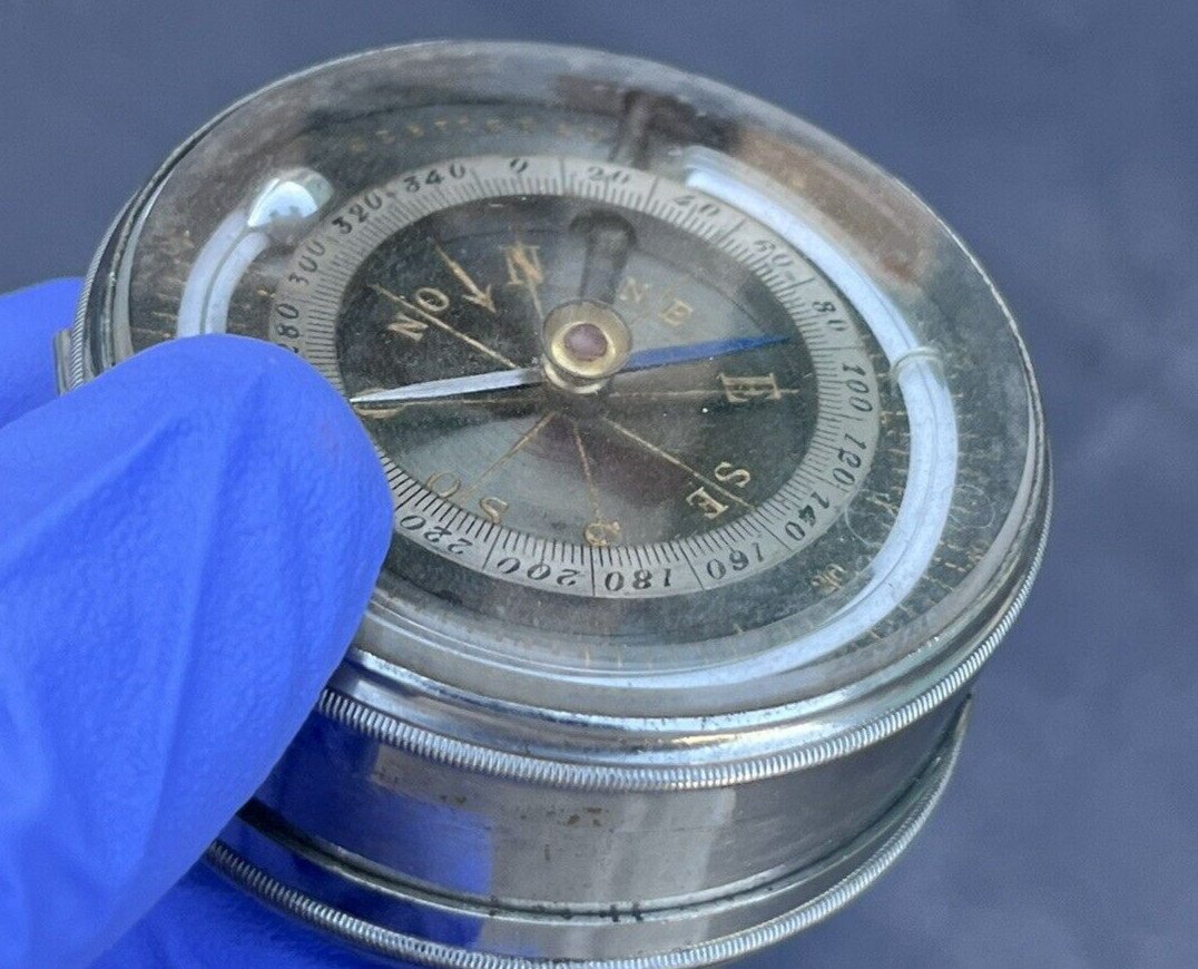 Antique Cased Pocket Compendium Barometer Thermometer Compass w/ Leather Case
