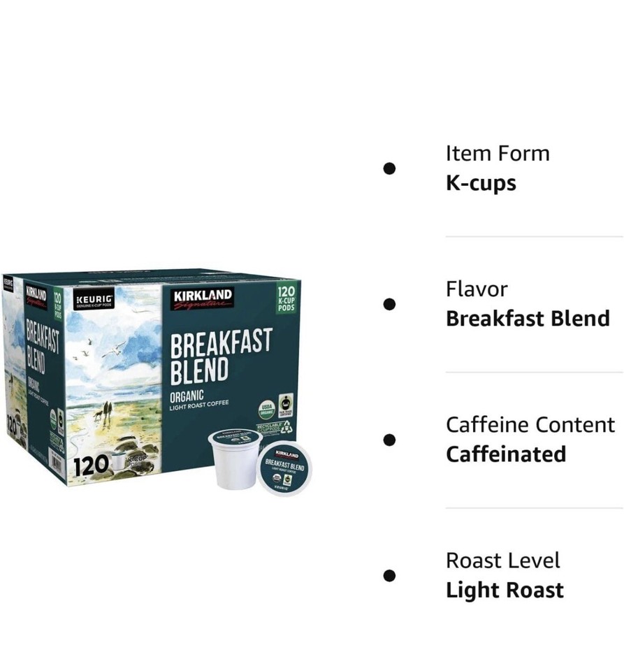 Kirkland Signature Organic Breakfast Blend Light Roast Coffee 120ct K