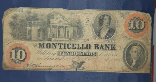 1860 $10 THE MONTICELLO BANK CHARLOTTESVILLE, VIRGINIA OBSOLETE CURRENCY NOTE.