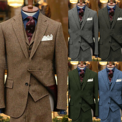 Vintage Tweed Men's Suit 3Pc Herringbone Formal Business Wedding Tuxedo Office