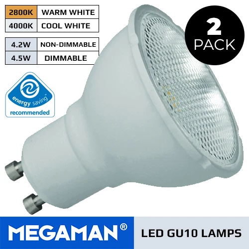 2 X MEGAMAN LED GU10 BULBS 4.2W OR 4.5W DIMMABLE OR NON-DIMMABLE 240V COOL/WARM