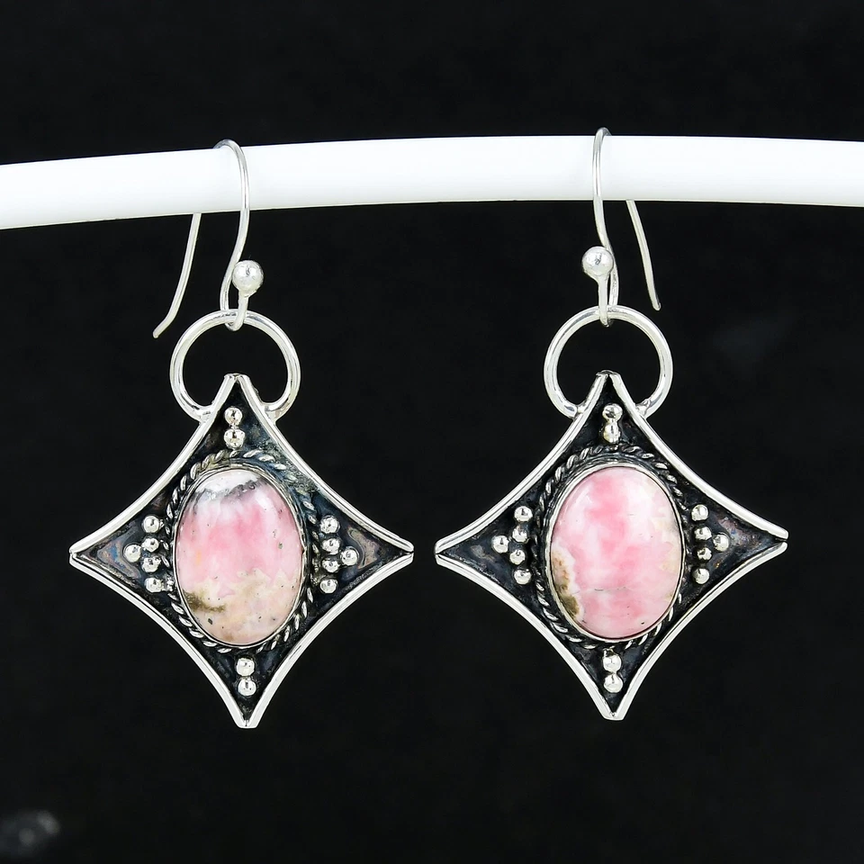Naturale Rodocrosite Orecchino 925 Argento Sterling Fatto a Mano Pendenti - Immagine 4 di 4