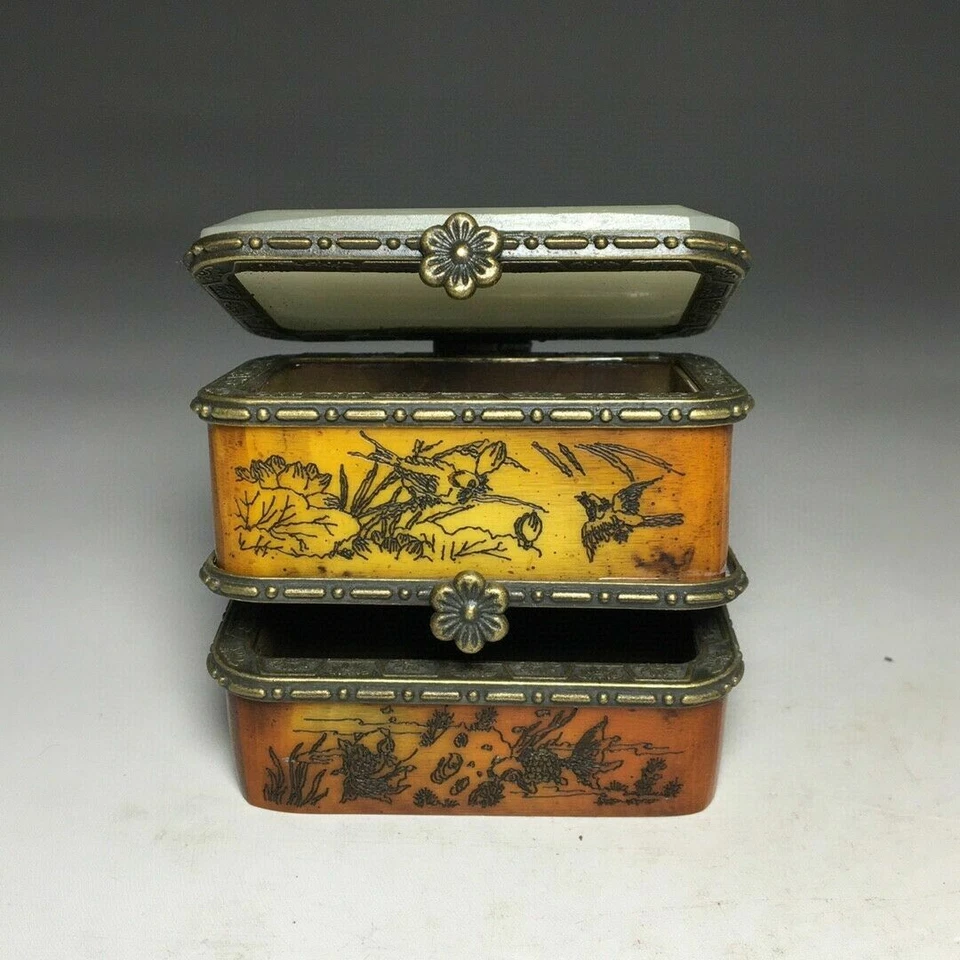 Joyero chino antiguo con incrustaciones de jade flor de loto y pájaro tres abiertos - Foto 3 de 4